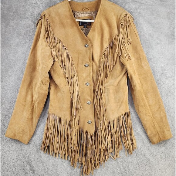 Michael TrentLeather Jacket Womens Medium Tan Suede Fringed Western Concho